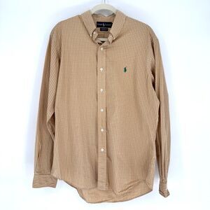 Ralph Lauren Custom Fit Button Down Shirt Tan White Check Cotton Large